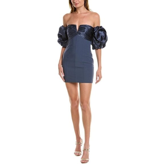 CINQ À SEPT Teo Ruched Satin Sheath Mini Dress Blue Womens Size 14 - Picture 12 of 12